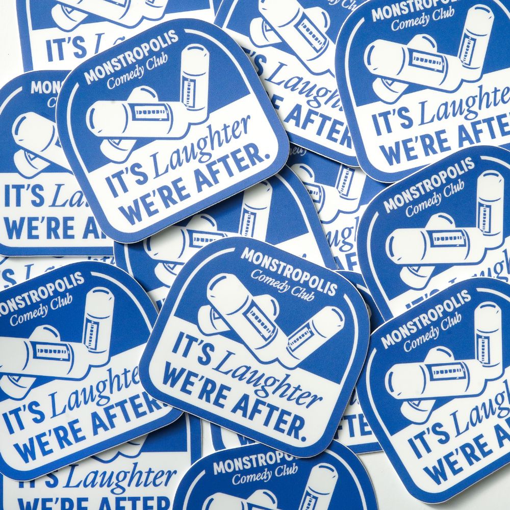 Monstropolis Comedy Club Disney-inspired sticker with phrase ‘It’s Laughter We’re After’ and three laugh canisters.