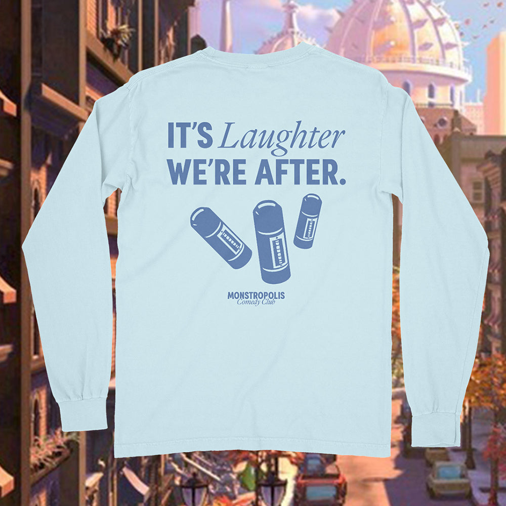 Back view of Disney-inspired Monstropolis Comedy Club long sleeve t-shirt featuring the phrase ‘It’s Laughter We’re After’ above three laugh canisters with Monstropolis Comedy Club text underneath.
