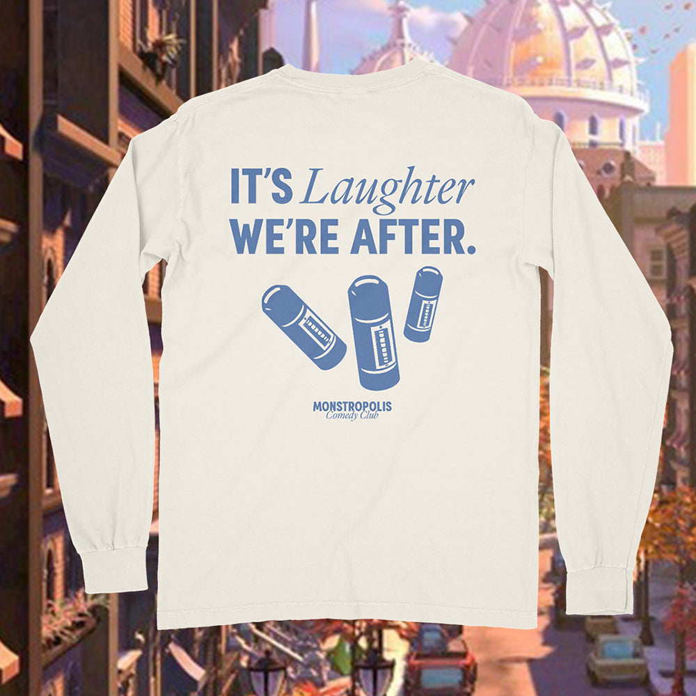 Back view of Disney-inspired Monstropolis Comedy Club long sleeve t-shirt featuring the phrase ‘It’s Laughter We’re After’ above three laugh canisters with Monstropolis Comedy Club text underneath.