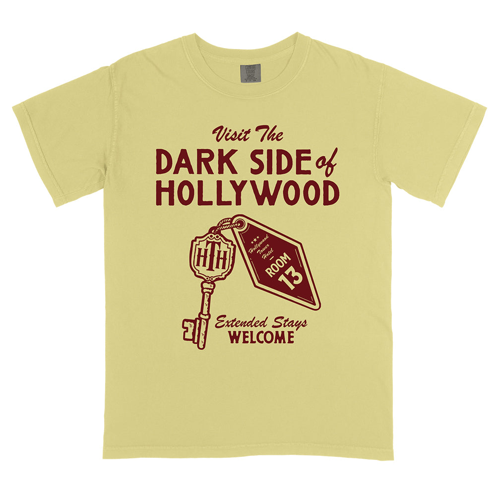 Front view of Disney-inspired Dark Side of Hollywood t-shirt featuring the phrase ‘Visit The Dark Side of Hollywood,’ an image of a hotel key labeled Room 13, and the text ‘Extended Stays Welcome.'