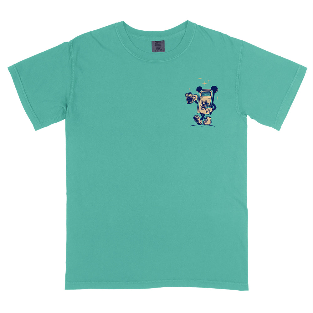 Front view of Disney-inspired Festival Foodie t-shirt with a small left chest design of a cartoon trash can with Mickey ears holding a beer and french fries.