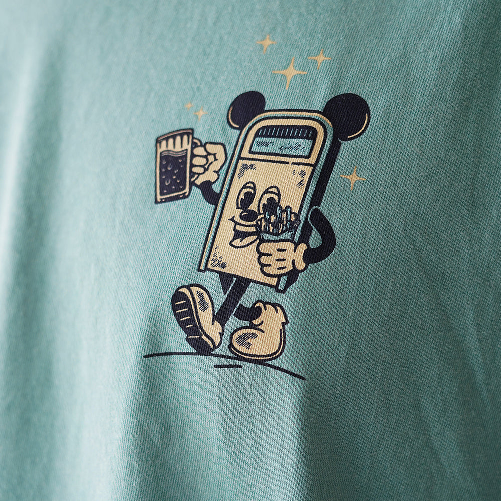 Front view of Disney-inspired Festival Foodie t-shirt with a small left chest design of a cartoon trash can with Mickey ears holding a beer and french fries.
