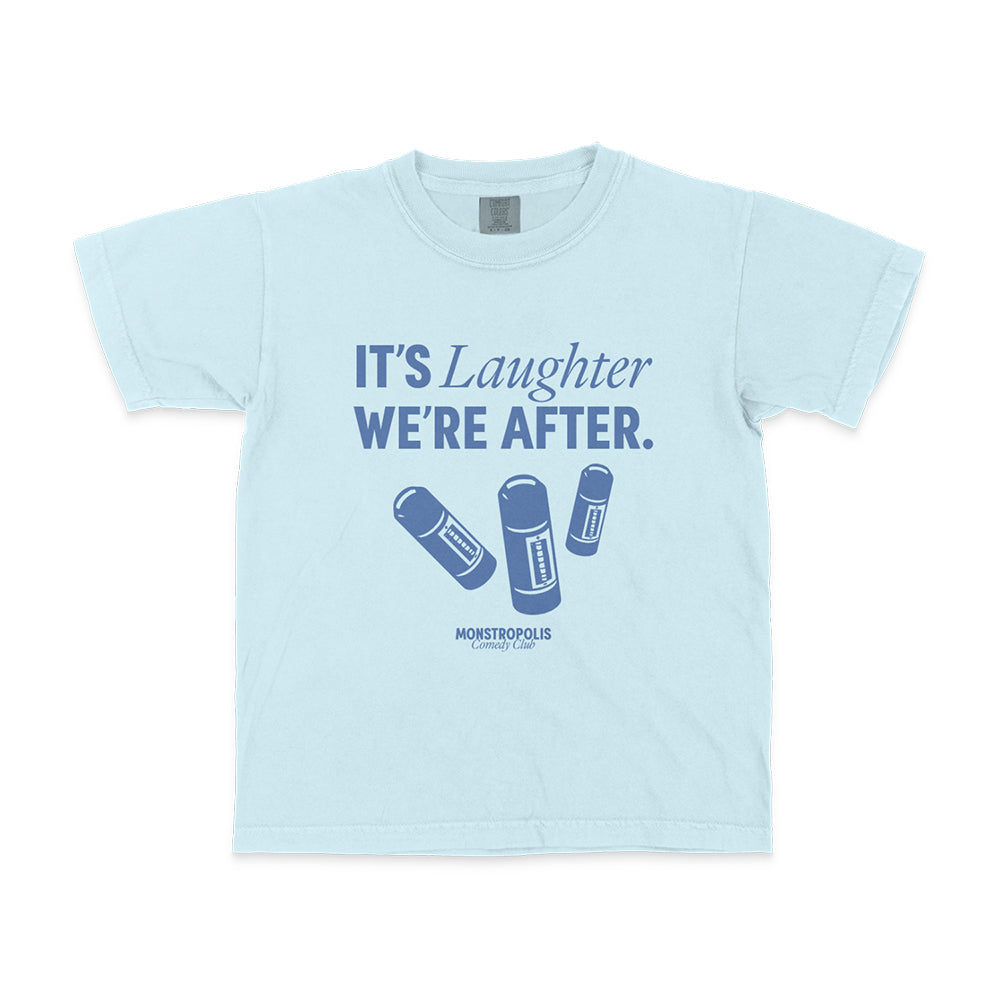 Front view of kids’ Disney-inspired Monstropolis Comedy Club t-shirt featuring the phrase ‘It’s Laughter We’re After’ above three laugh canisters with Monstropolis Comedy Club text underneath.