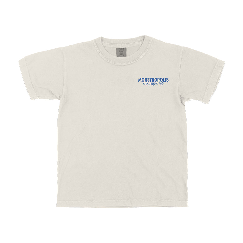 Front view of Disney-inspired Monstropolis Comedy Club crop top with small left chest logo text reading Monstropolis Comedy Club.