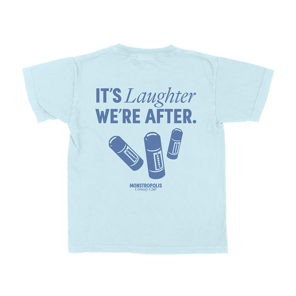 Back view of Disney-inspired Monstropolis Comedy Club crop top with the phrase ‘It’s Laughter We’re After’ above three laugh canisters and Monstropolis Comedy Club text underneath.