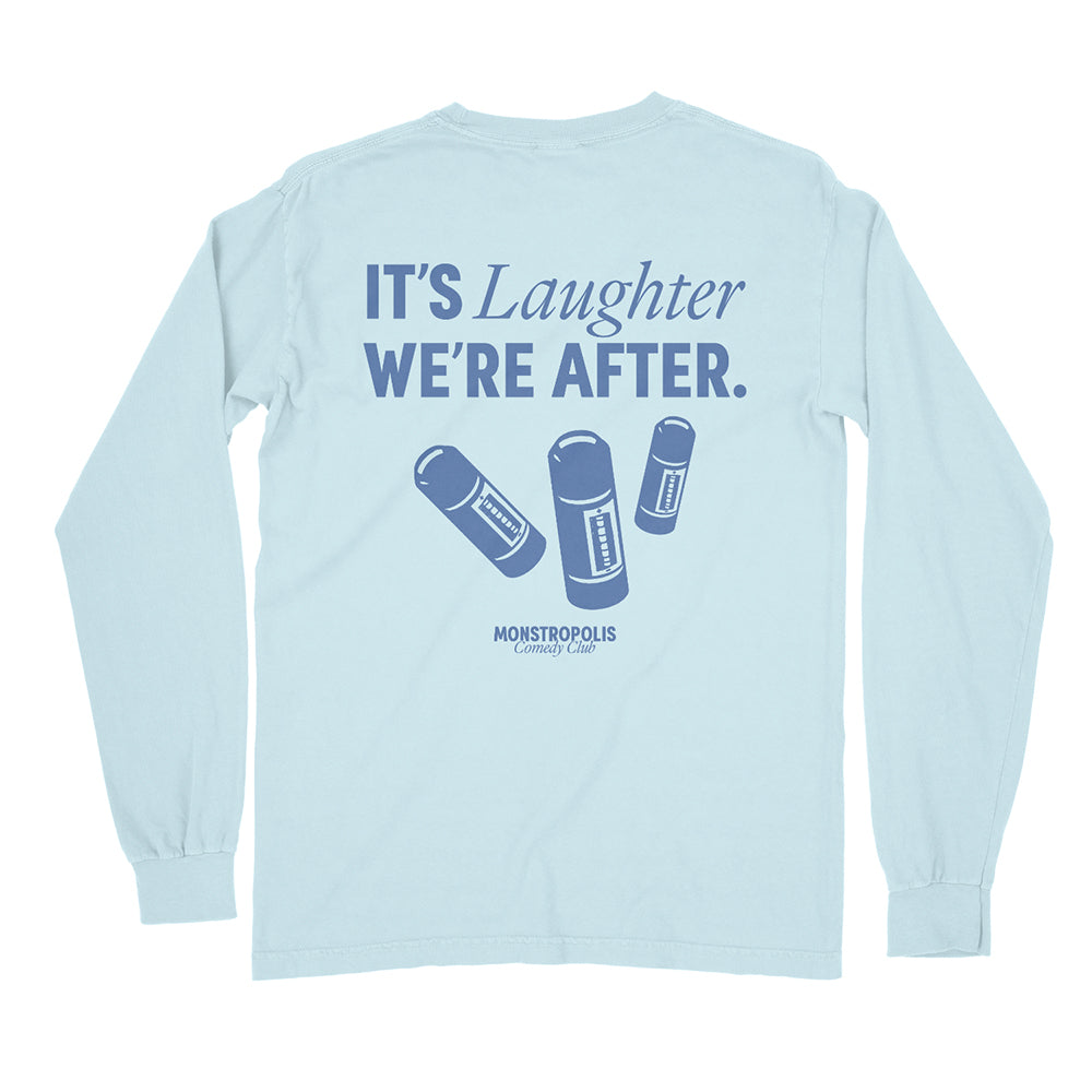 Back view of Disney-inspired Monstropolis Comedy Club long sleeve t-shirt featuring the phrase ‘It’s Laughter We’re After’ above three laugh canisters with Monstropolis Comedy Club text underneath.