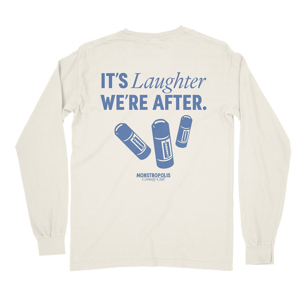Back view of Disney-inspired Monstropolis Comedy Club long sleeve t-shirt featuring the phrase ‘It’s Laughter We’re After’ above three laugh canisters with Monstropolis Comedy Club text underneath.