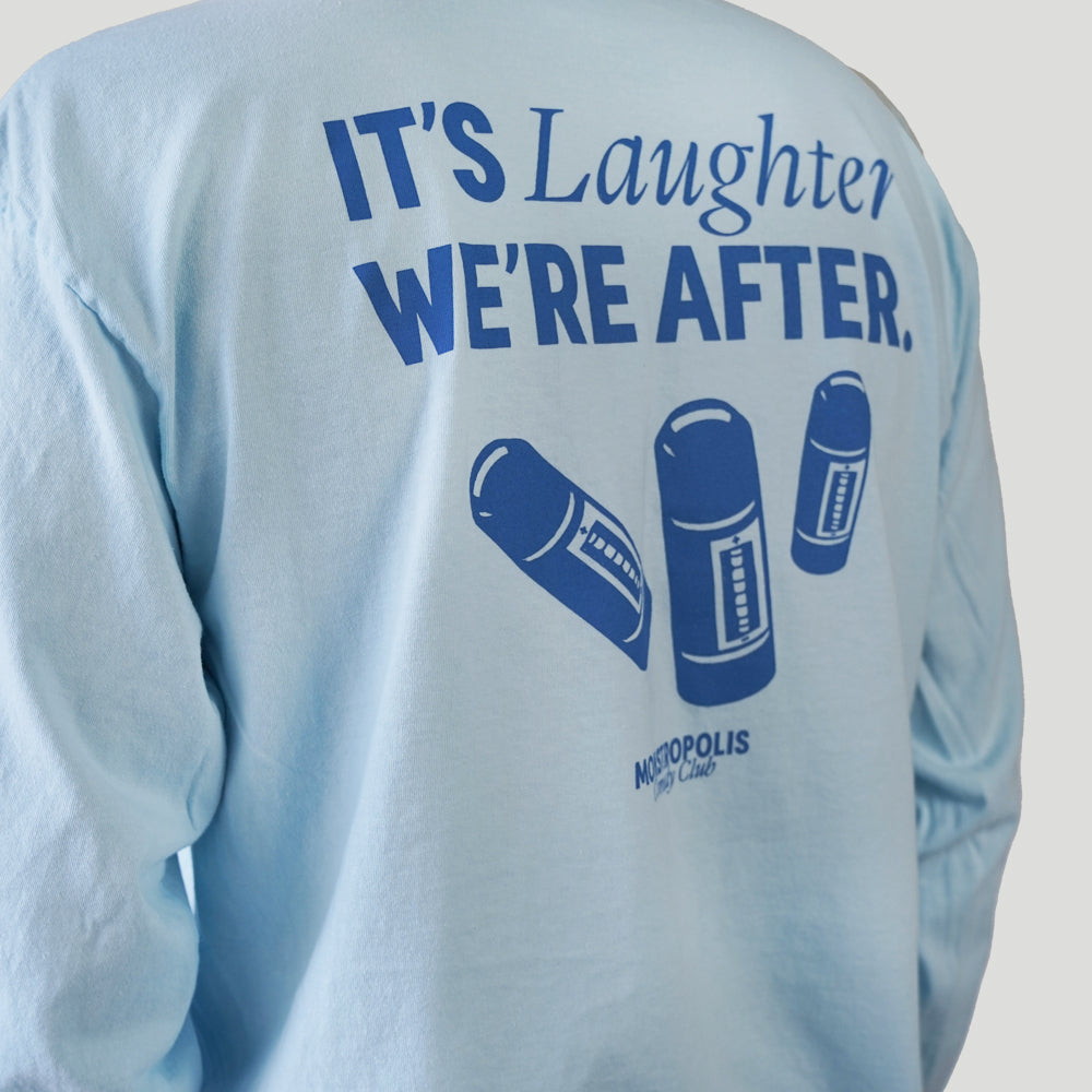 Back view of Disney-inspired Monstropolis Comedy Club long sleeve t-shirt featuring the phrase ‘It’s Laughter We’re After’ above three laugh canisters with Monstropolis Comedy Club text underneath.