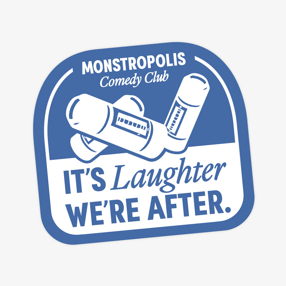 Monstropolis Comedy Club Disney-inspired sticker with phrase ‘It’s Laughter We’re After’ and three laugh canisters.